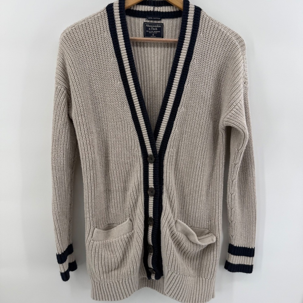 Abercrombie & Fitch Y2K Womens Medium Oatmeal Beige Navy Cotton Cardigan flaw